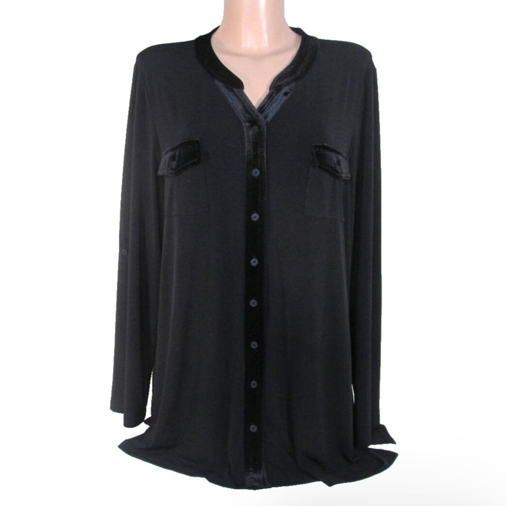 Susan Graver Black Liquid Knit Velvet Trim Button Up Top Large